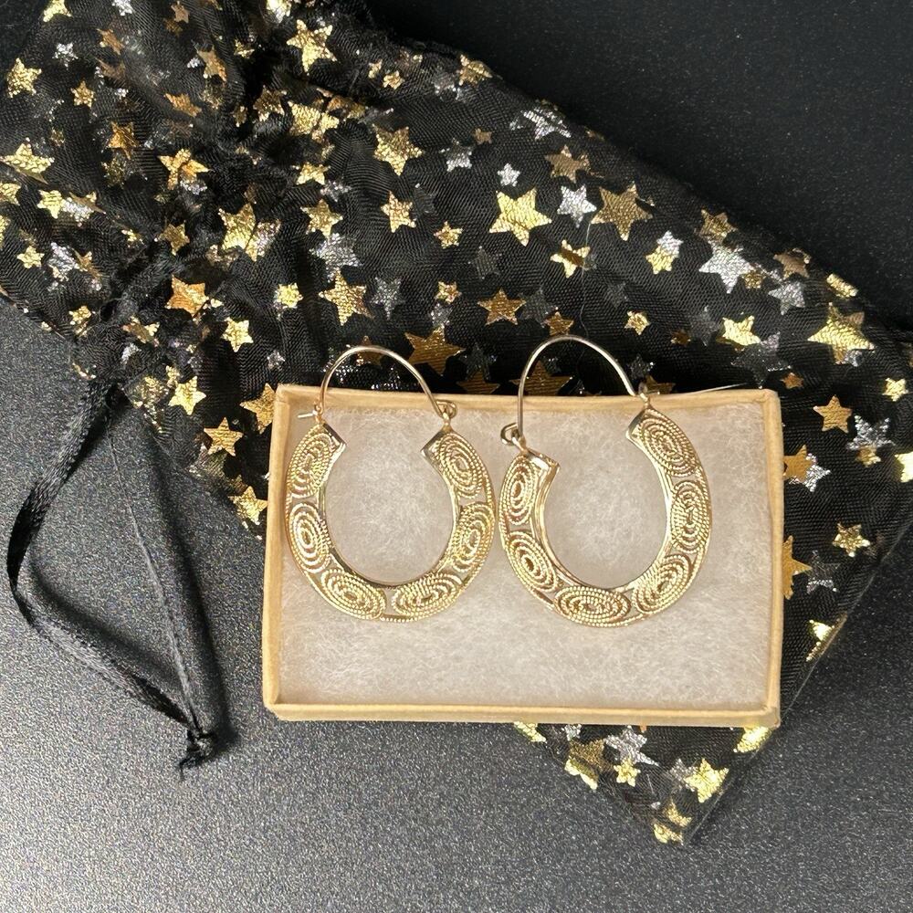 Anthropologie Birdcage Huggie Brilliant Gold Tone Swirled Filagree Hoop Earrings